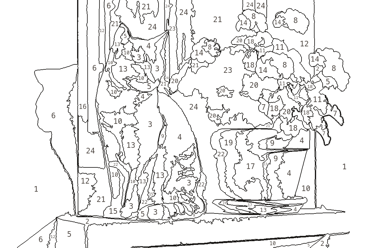 Cat on a sunlit windowsill — numbered outline
