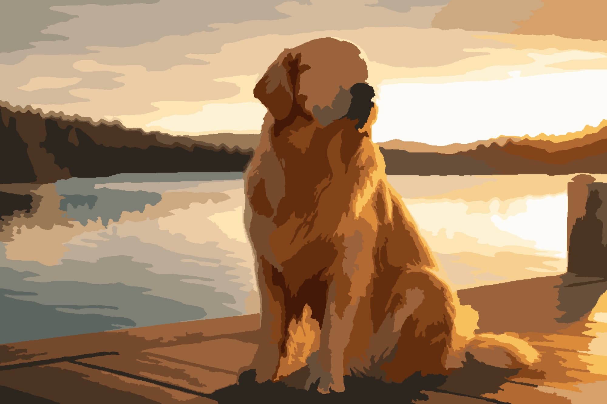 Golden retriever on a jetty — painted reference