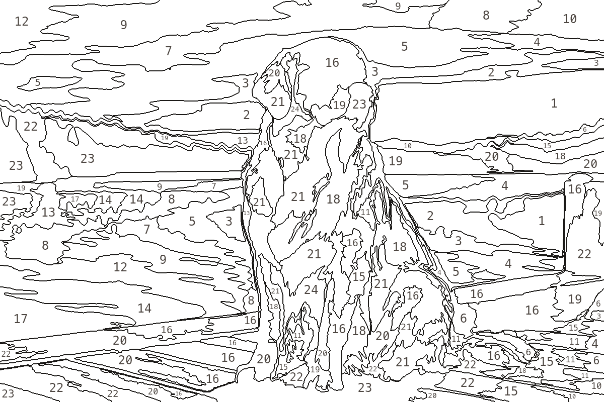 Golden retriever on a jetty — numbered outline