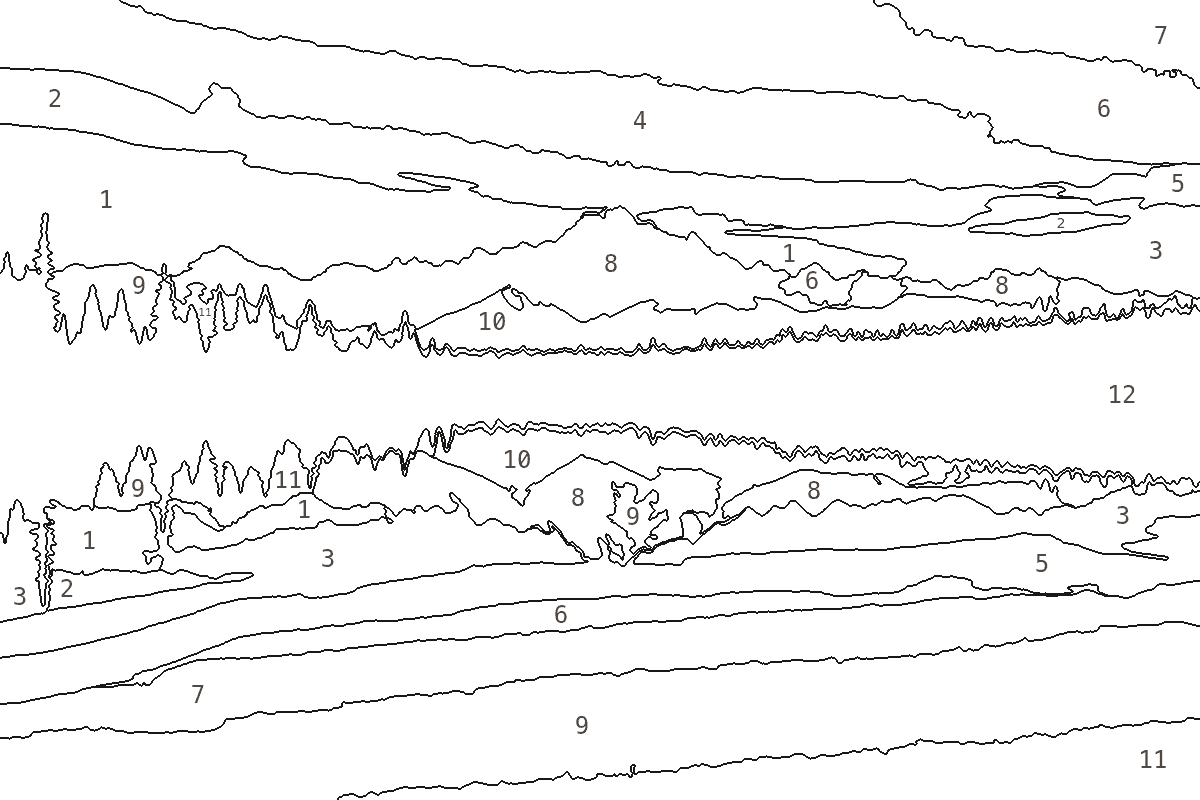 Alpine lake at dawn — numbered outline