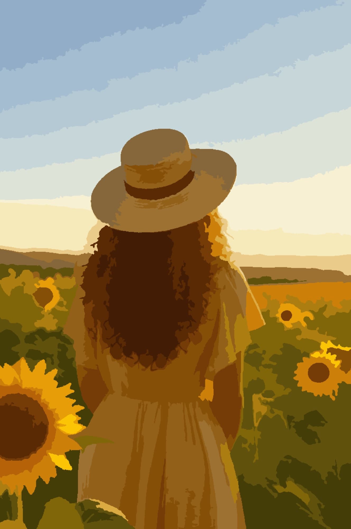Sunflower field, figure from behind — painted reference