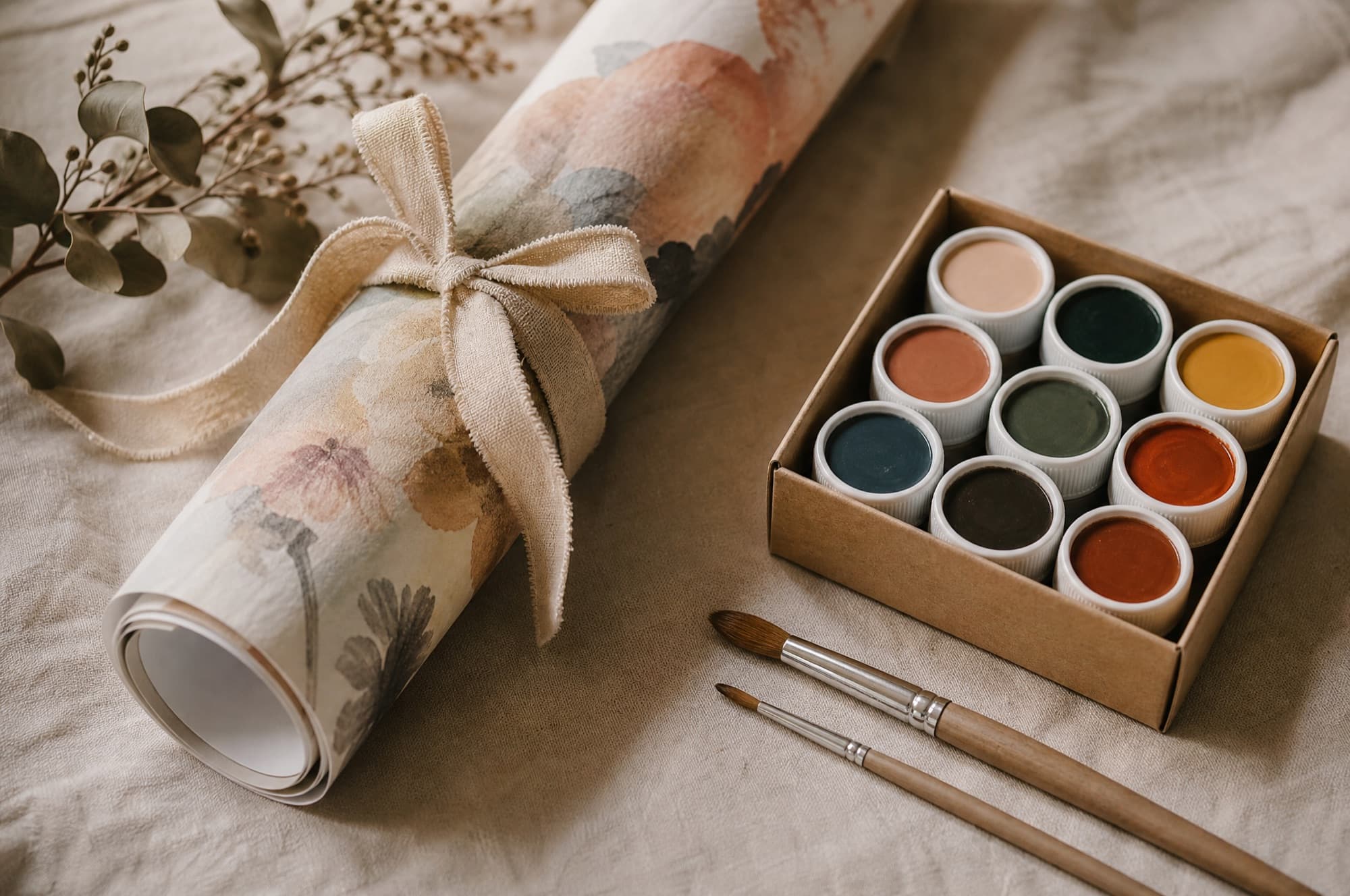 A rolled printed sheet tied with linen ribbon beside a box of paint pots