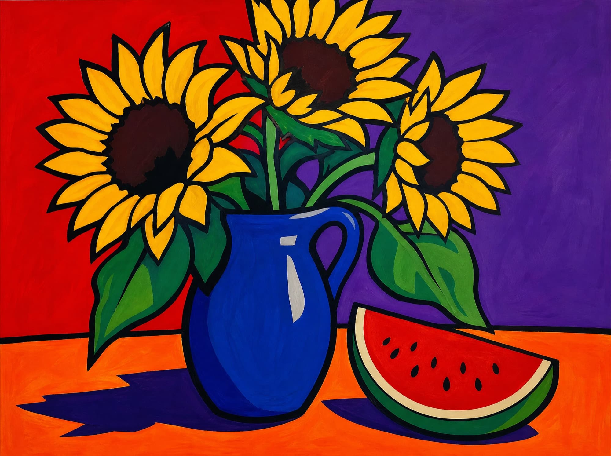 Bold Pop — finished painting of sunflowers and watermelon