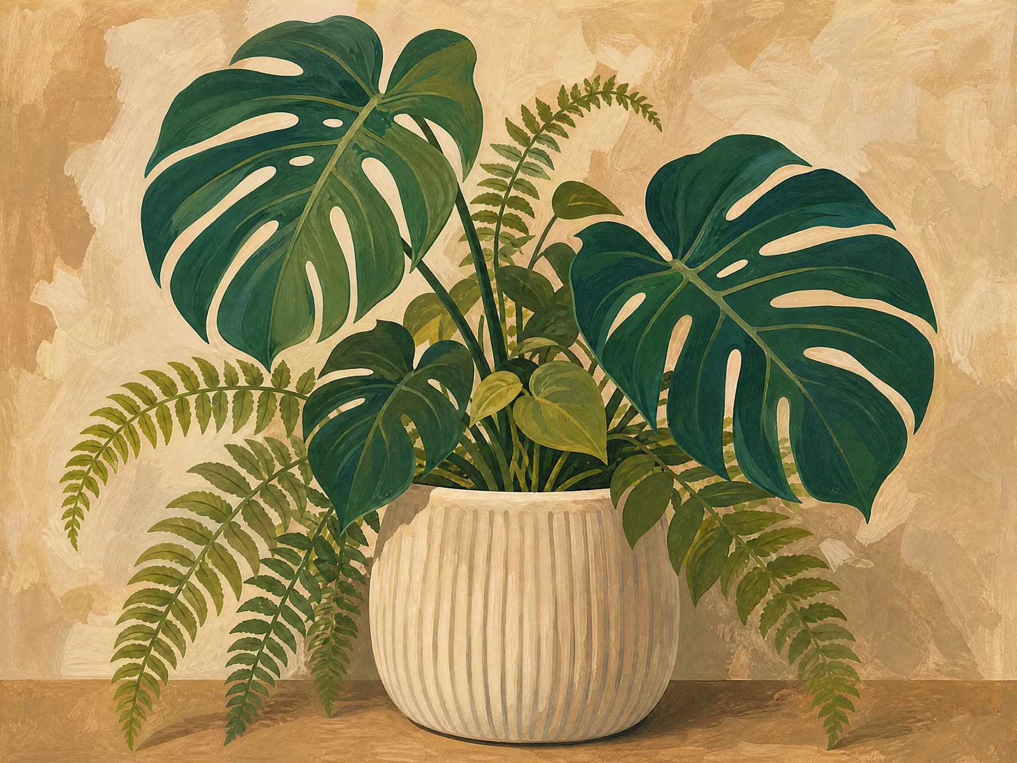 Botanical Gouache — finished painting of monstera and ferns in a ceramic pot