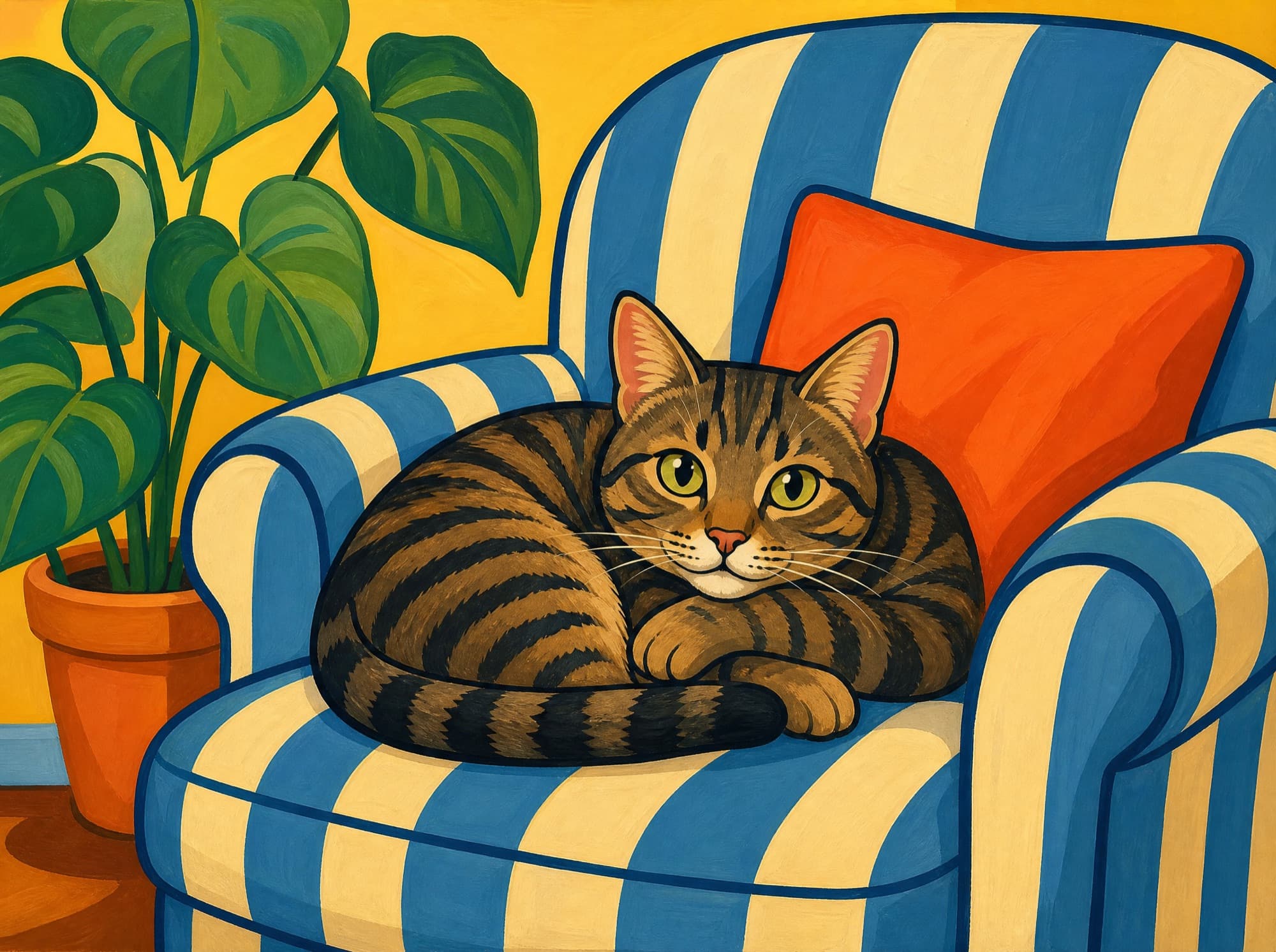Bright Cartoon — finished painting of tabby cat on a patterned armchair