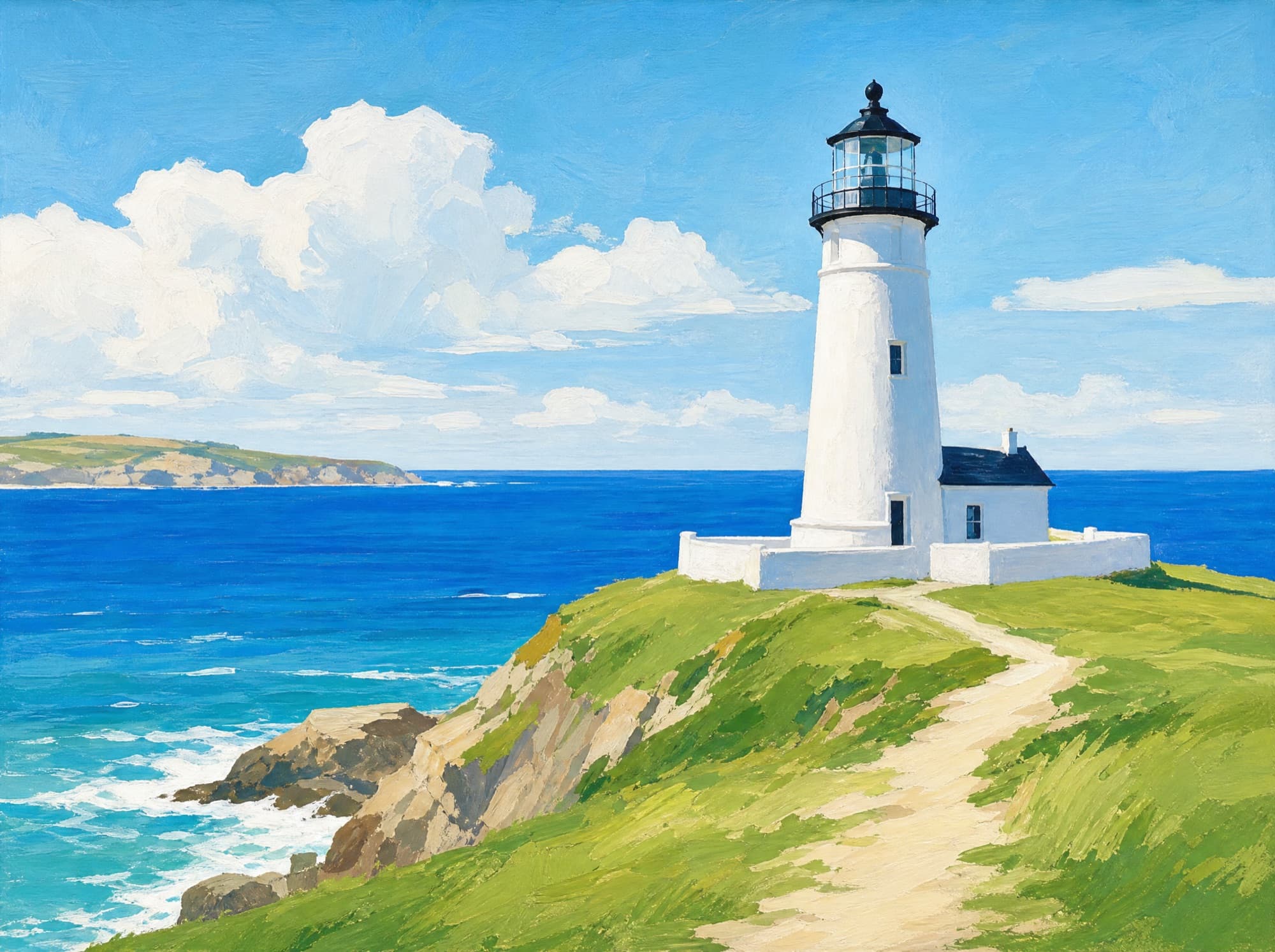 Coastal Light — finished painting of lighthouse above a bright sea