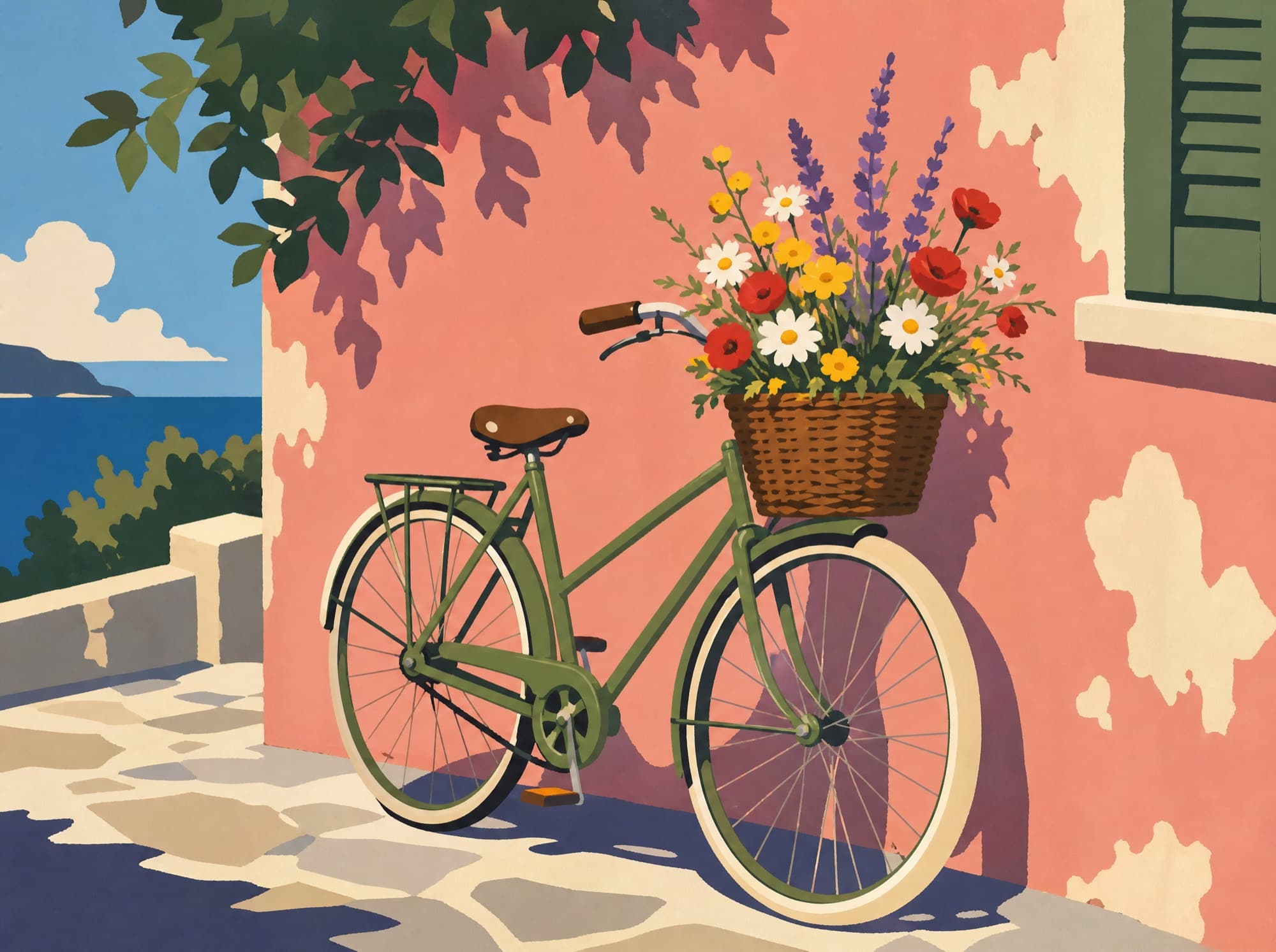 Flat Poster — finished painting of vintage bicycle and wildflowers