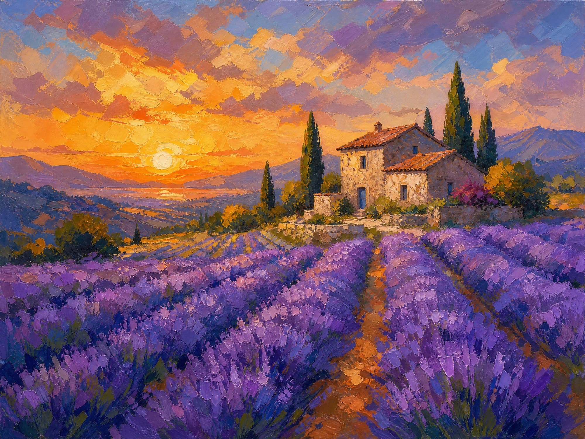 Impressionist — finished painting of lavender field at sunset