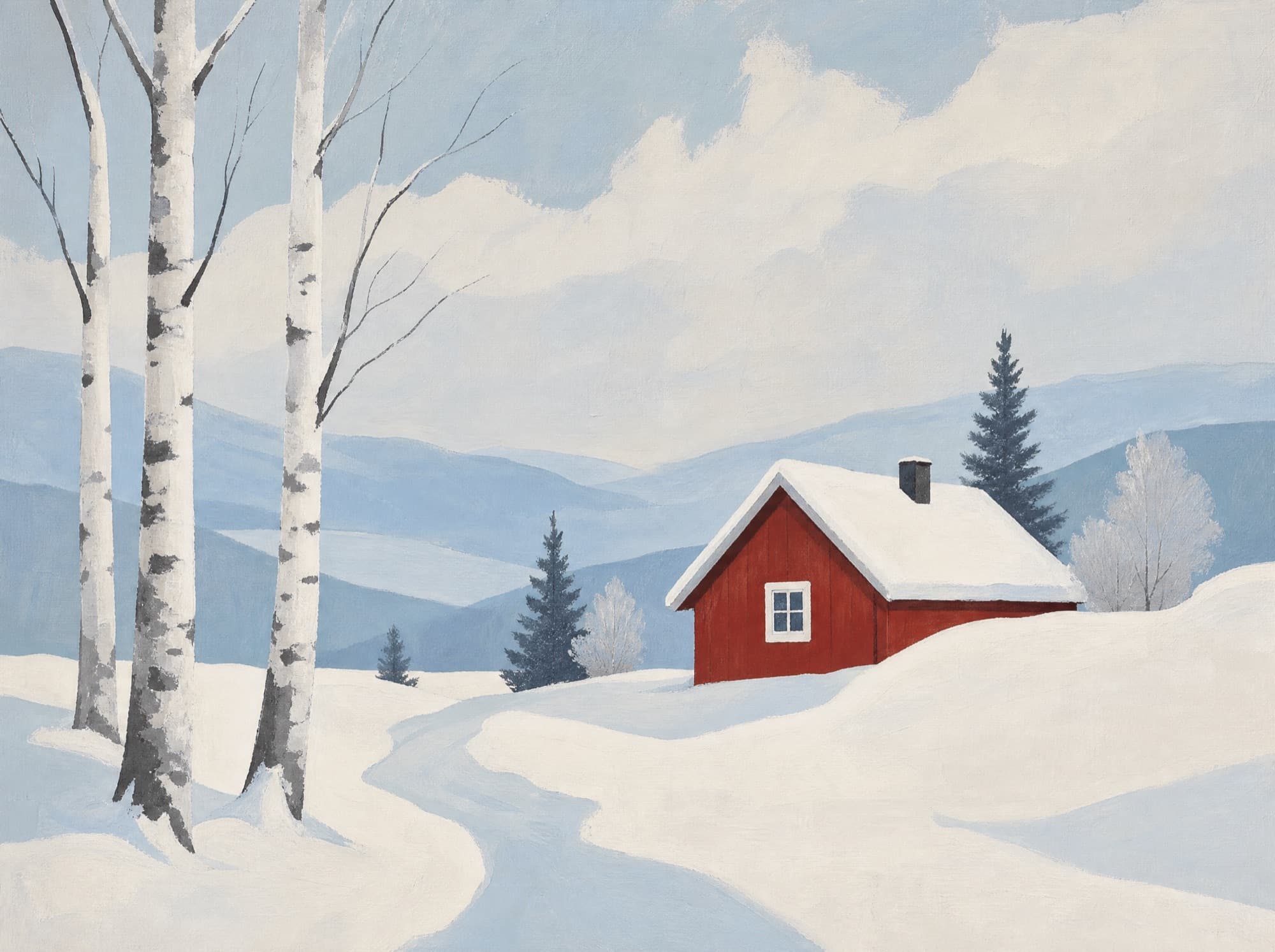 Nordic Pastel — finished painting of red cabin in deep snow