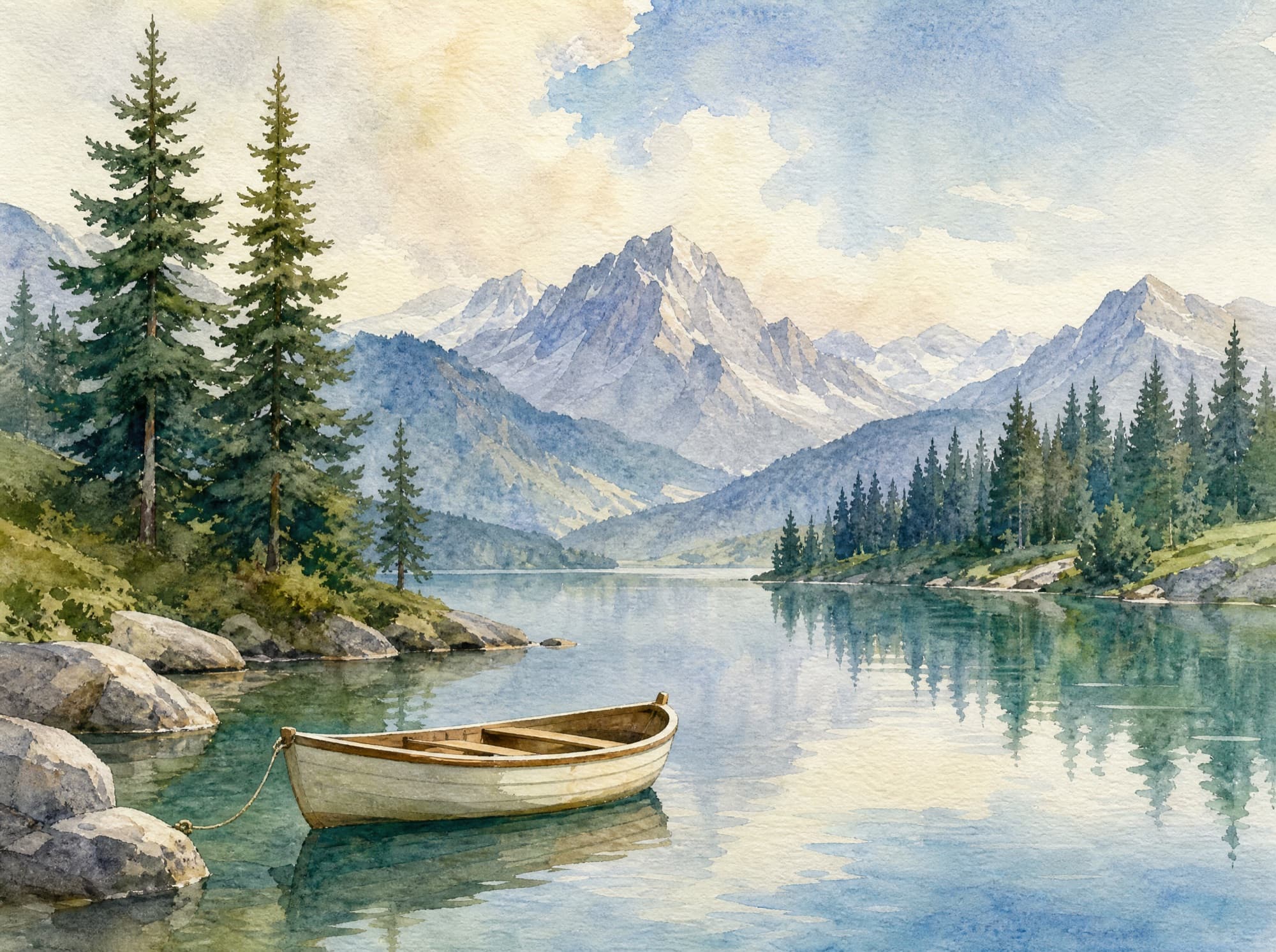 Soft Watercolour — finished painting of mountain lake with a rowing boat