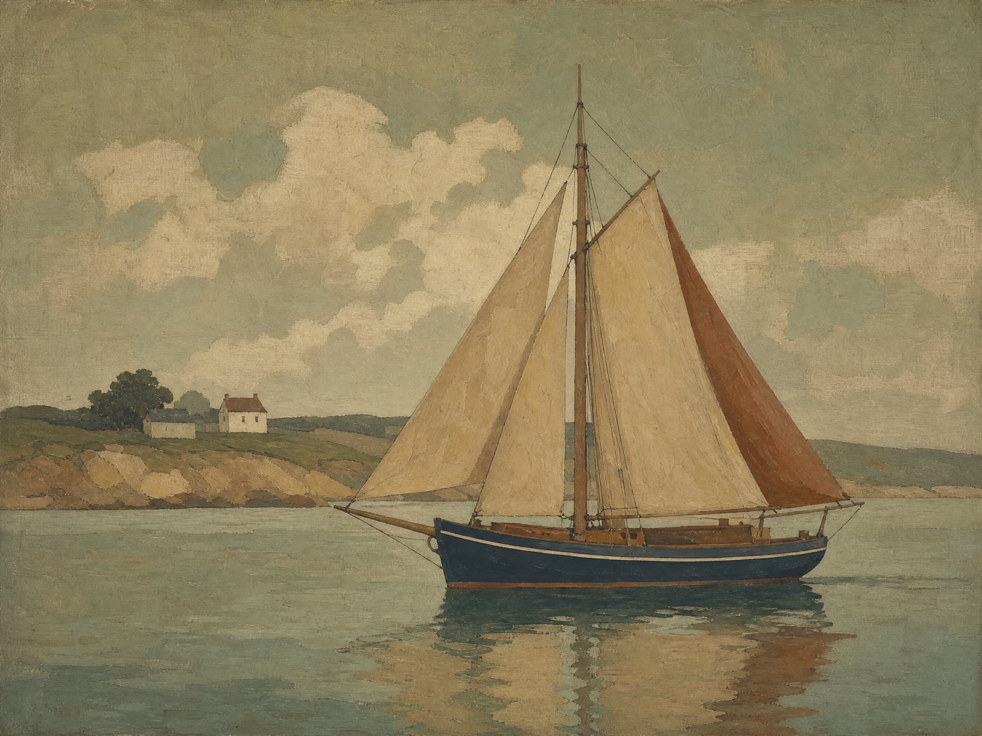 Vintage Muted — finished painting of sailing boat on calm water